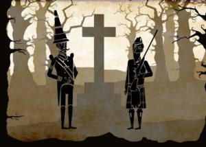 An illustration of two soldiers standing in front of a cross grave